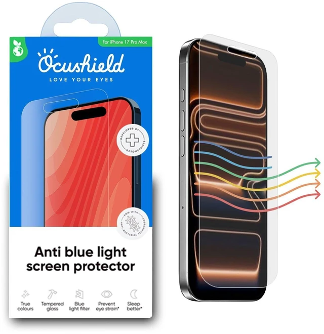 Main image of Anti Blue Light Tempered Glass Screen Protector of iPhone 17 Pro Max (6.9") Blocks Blue Light, Prevents Eye Strain & Helps You Sleep Better, 9H Hardness & Case Friendly