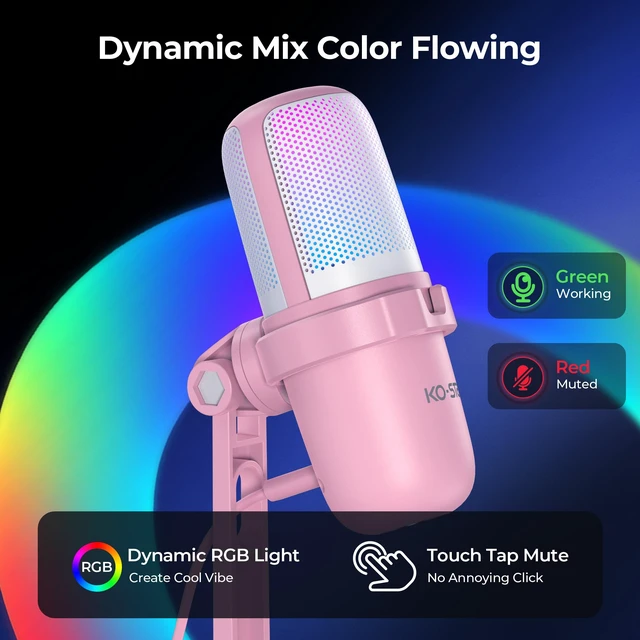 Alt view image 2 of 7 - RGB USB Microphone, Pink Gaming Mic for PC, PS5, Laptop, Phone, Condenser Mic with Touch Mute, Pop Filter, Cardioid Pickup, Plug & Play for Streaming, Podcast, Recording, Gaming