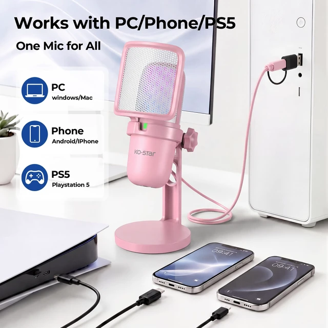 Alt view image 3 of 7 - RGB USB Microphone, Pink Gaming Mic for PC, PS5, Laptop, Phone, Condenser Mic with Touch Mute, Pop Filter, Cardioid Pickup, Plug & Play for Streaming, Podcast, Recording, Gaming