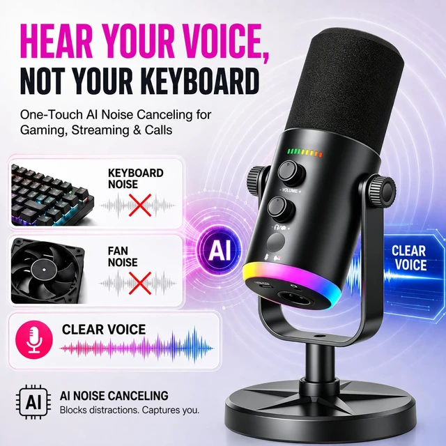 Alt view image 2 of 7 - Dynamic USB XLR Gaming Microphone, AI Noise Canceling PC PS5 Streaming MIC | Clear Voice in Noisy Rooms | Podcast Mic with RGB Light, Mute Button, Desk Stand