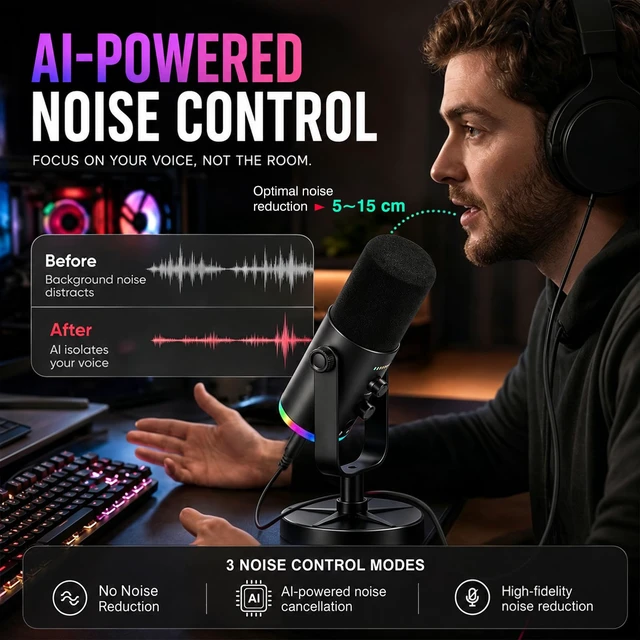 Alt view image 3 of 7 - Dynamic USB XLR Gaming Microphone, AI Noise Canceling PC PS5 Streaming MIC | Clear Voice in Noisy Rooms | Podcast Mic with RGB Light, Mute Button, Desk Stand