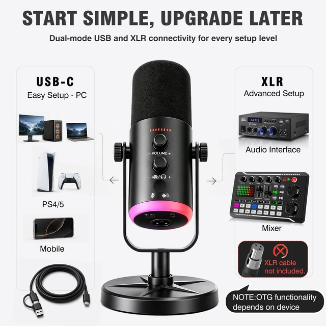 Alt view image 5 of 7 - Dynamic USB XLR Gaming Microphone, AI Noise Canceling PC PS5 Streaming MIC | Clear Voice in Noisy Rooms | Podcast Mic with RGB Light, Mute Button, Desk Stand