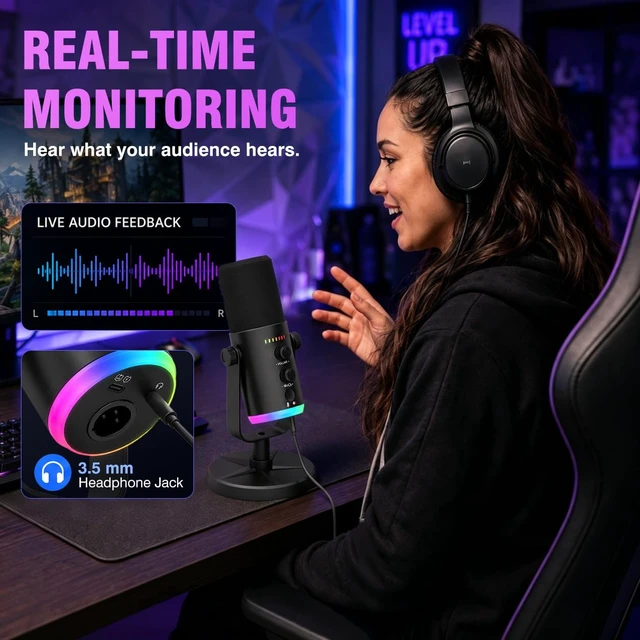 Alt view image 6 of 7 - Dynamic USB XLR Gaming Microphone, AI Noise Canceling PC PS5 Streaming MIC | Clear Voice in Noisy Rooms | Podcast Mic with RGB Light, Mute Button, Desk Stand