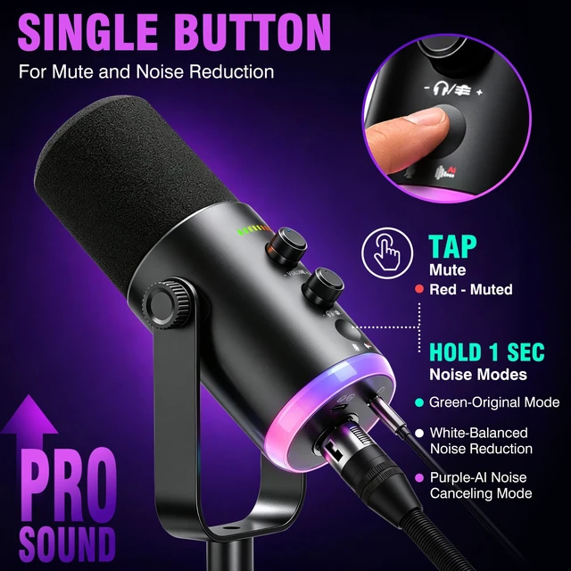 Alt view image 4 of 7 - Dynamic USB XLR Gaming Microphone, AI Noise Canceling PC PS5 Streaming MIC | Clear Voice in Noisy Rooms | Podcast Mic with RGB Light, Mute Button, Desk Stand