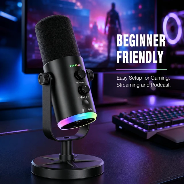 Alt view image 7 of 7 - Dynamic USB XLR Gaming Microphone, AI Noise Canceling PC PS5 Streaming MIC | Clear Voice in Noisy Rooms | Podcast Mic with RGB Light, Mute Button, Desk Stand