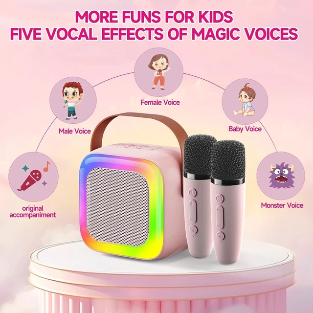 Alt view image 2 of 6 - Mini Karaoke Machine for Kids with 2 Wireless Microphones Portable Bluetooth Speaker, LED Disco Lights & Voice Changer, Great Birthday Gift for Girls Ages 3-12, Perfect for Family Parties and Home