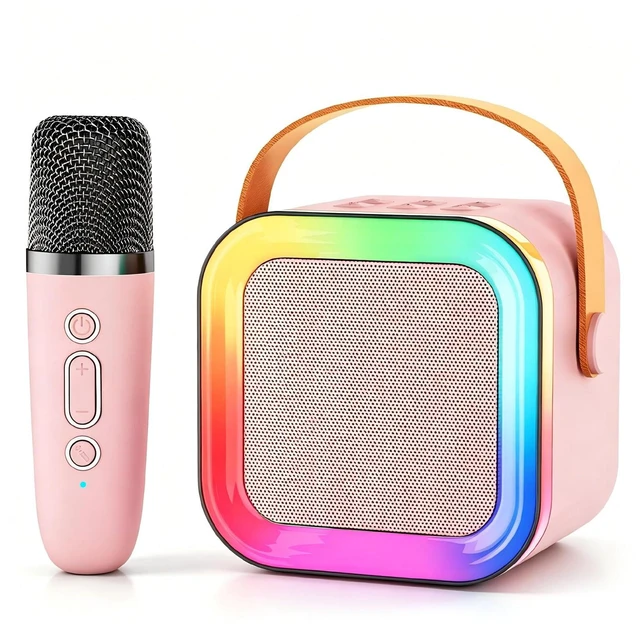 Main image of Mini Kids Karaoke Machine Ages 3-12, Wireless Mics Bluetooth Speaker, Pink | LED Party Lights, Voice Changer, Duets, BT 5.3, Rechargeable Portable, Birthday Christmas Toys & Gifts for Boys & Girls