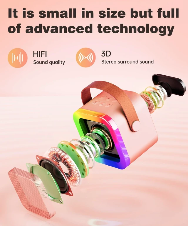 Alt view image 3 of 7 - Mini Kids Karaoke Machine Ages 3-12, Wireless Mics Bluetooth Speaker, Pink | LED Party Lights, Voice Changer, Duets, BT 5.3, Rechargeable Portable, Birthday Christmas Toys & Gifts for Boys & Girls