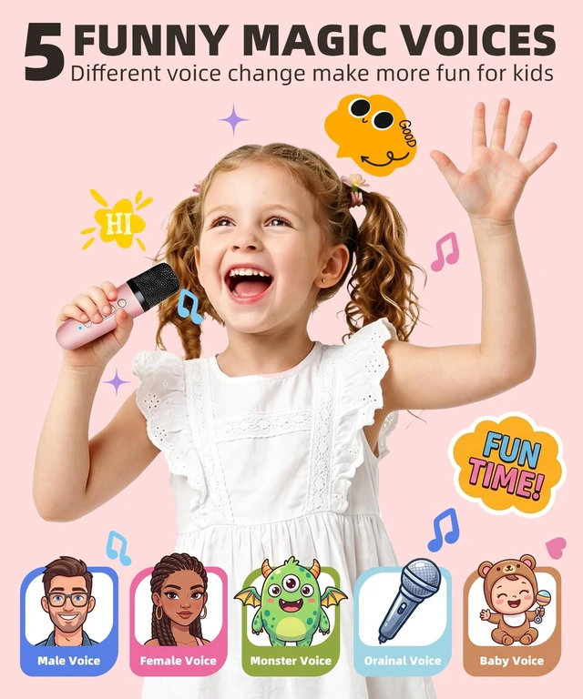 Alt view image 4 of 7 - Mini Kids Karaoke Machine Ages 3-12, Wireless Mics Bluetooth Speaker, Pink | LED Party Lights, Voice Changer, Duets, BT 5.3, Rechargeable Portable, Birthday Christmas Toys & Gifts for Boys & Girls