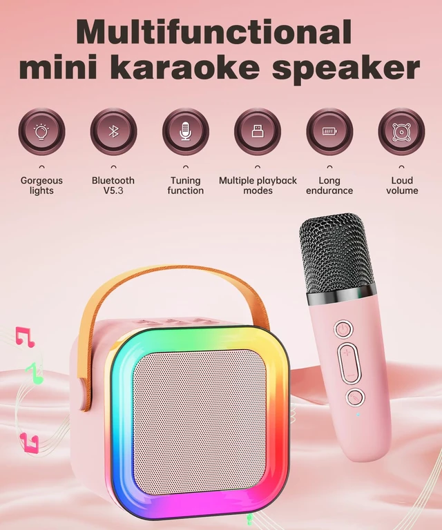 Alt view image 2 of 7 - Mini Kids Karaoke Machine Ages 3-12, Wireless Mics Bluetooth Speaker, Pink | LED Party Lights, Voice Changer, Duets, BT 5.3, Rechargeable Portable, Birthday Christmas Toys & Gifts for Boys & Girls