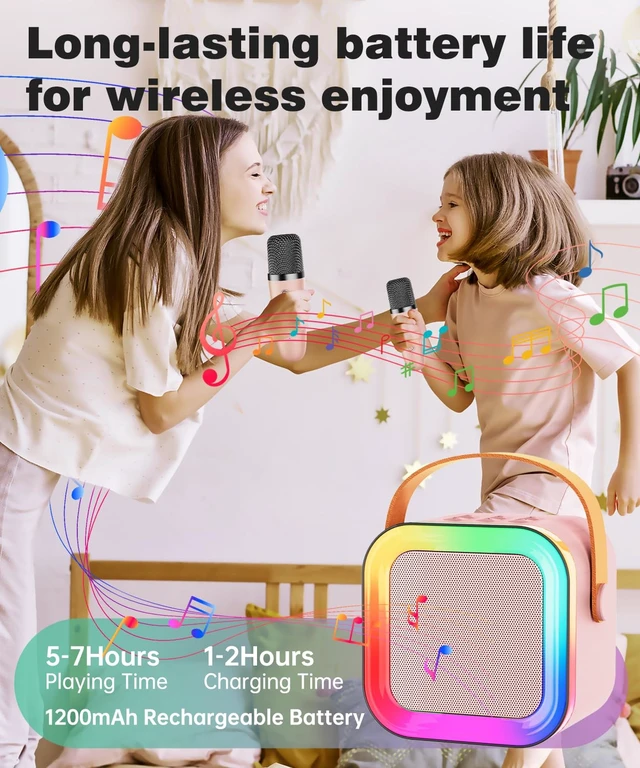 Alt view image 6 of 7 - Mini Kids Karaoke Machine Ages 3-12, Wireless Mics Bluetooth Speaker, Pink | LED Party Lights, Voice Changer, Duets, BT 5.3, Rechargeable Portable, Birthday Christmas Toys & Gifts for Boys & Girls