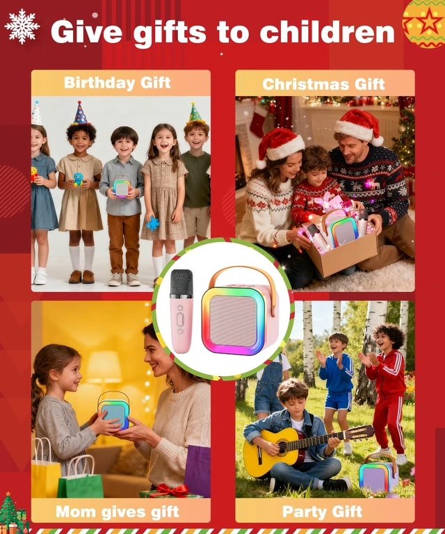 Alt view image 5 of 7 - Mini Kids Karaoke Machine Ages 3-12, Wireless Mics Bluetooth Speaker, Pink | LED Party Lights, Voice Changer, Duets, BT 5.3, Rechargeable Portable, Birthday Christmas Toys & Gifts for Boys & Girls