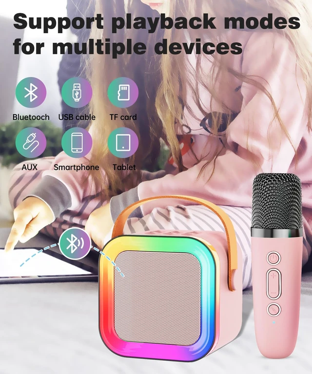 Alt view image 7 of 7 - Mini Kids Karaoke Machine Ages 3-12, Wireless Mics Bluetooth Speaker, Pink | LED Party Lights, Voice Changer, Duets, BT 5.3, Rechargeable Portable, Birthday Christmas Toys & Gifts for Boys & Girls