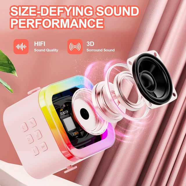 Alt view image 3 of 7 - Kids Karaoke Machine Toy Ages 3-12, Wireless Mic BT Speaker, Pink - 1 Mic | Voice Changer, LED Party Lights, BT 5.3, Mini Rechargeable Portable, Christmas Birthday Gifts for Toddler Boys & Girls