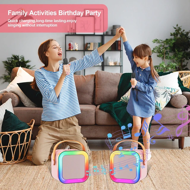 Alt view image 6 of 7 - Kids Karaoke Machine Toy Ages 3-12, Wireless Mic BT Speaker, Pink - 1 Mic | Voice Changer, LED Party Lights, BT 5.3, Mini Rechargeable Portable, Christmas Birthday Gifts for Toddler Boys & Girls