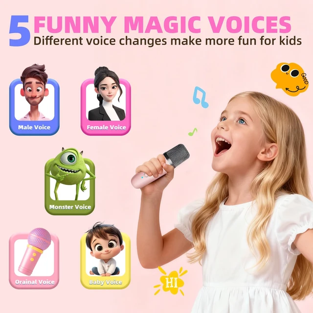Alt view image 4 of 7 - Kids Karaoke Machine Toy Ages 3-12, Wireless Mic BT Speaker, Pink - 1 Mic | Voice Changer, LED Party Lights, BT 5.3, Mini Rechargeable Portable, Christmas Birthday Gifts for Toddler Boys & Girls