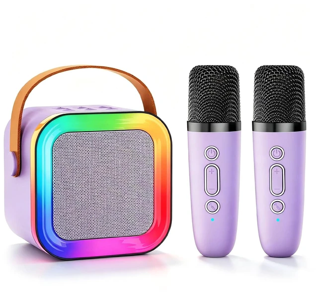 Main image of Mini Kids Karaoke Machine Toy Ages 3-12, 2 Wireless Mics Bluetooth Speaker | LED Party Lights, Voice Changer, Duets, BT 5.3, Rechargeable Portable, Christmas Birthday Gifts for Toddler Boys & Girls