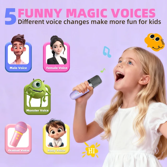 Alt view image 4 of 7 - Kids Karaoke Machine Toy Ages 3-12, 2 Wireless Mics Bluetooth Speaker | Voice Changer, LED Party Lights, Duets, BT 5.3, Mini Rechargeable Portable, Christmas Birthday Gifts for Toddler Boys & Girls