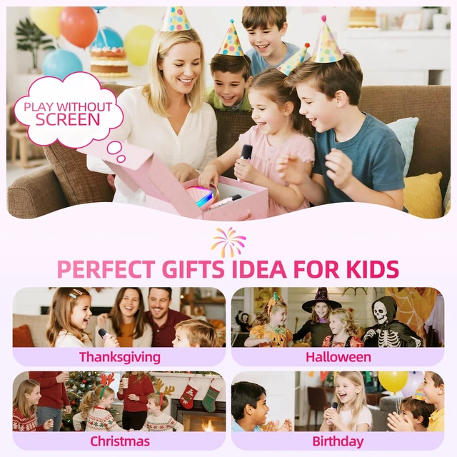 Alt view image 4 of 7 - Mini Karaoke Machine for Kids, Top Birthday Gift Pick for Girls Ages 3, 4, 5, 6, 7, 8, 9, 10, 11, 12 Years Old, Kids' Personal Video Players Accessories with 2 Mics Singing Present Toy Pink