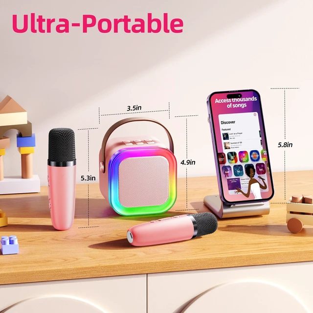 Alt view image 6 of 7 - Mini Karaoke Machine for Kids, Top Birthday Gift Pick for Girls Ages 3, 4, 5, 6, 7, 8, 9, 10, 11, 12 Years Old, Kids' Personal Video Players Accessories with 2 Mics Singing Present Toy Pink