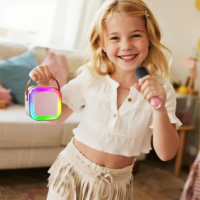 Alt view image 7 of 7 - Mini Karaoke Machine for Kids, Top Birthday Gift Pick for Girls Ages 3, 4, 5, 6, 7, 8, 9, 10, 11, 12 Years Old, Kids' Personal Video Players Accessories with 2 Mics Singing Present Toy Pink