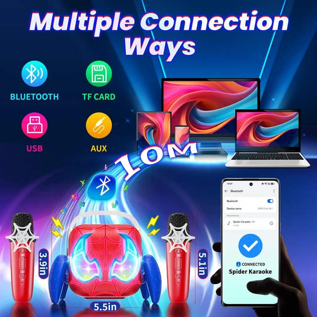 Alt view image 2 of 4 - Karaoke Machine for Kids, Red & Blue Glowing Eyes & Rhythm Light Boys Toys | 5 Magic Voice, 2 Wireless Mini Microphone, Portable Bluetooth Speaker, Boys Gifts Age 3 4 5 6 7 8 9 10 11 12