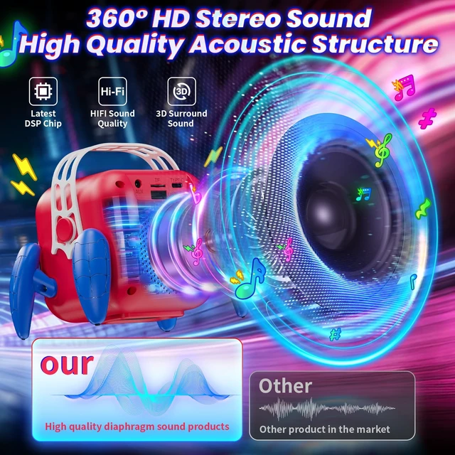 Alt view image 3 of 4 - Karaoke Machine for Kids, Red & Blue Glowing Eyes & Rhythm Light Boys Toys | 5 Magic Voice, 2 Wireless Mini Microphone, Portable Bluetooth Speaker, Boys Gifts Age 3 4 5 6 7 8 9 10 11 12