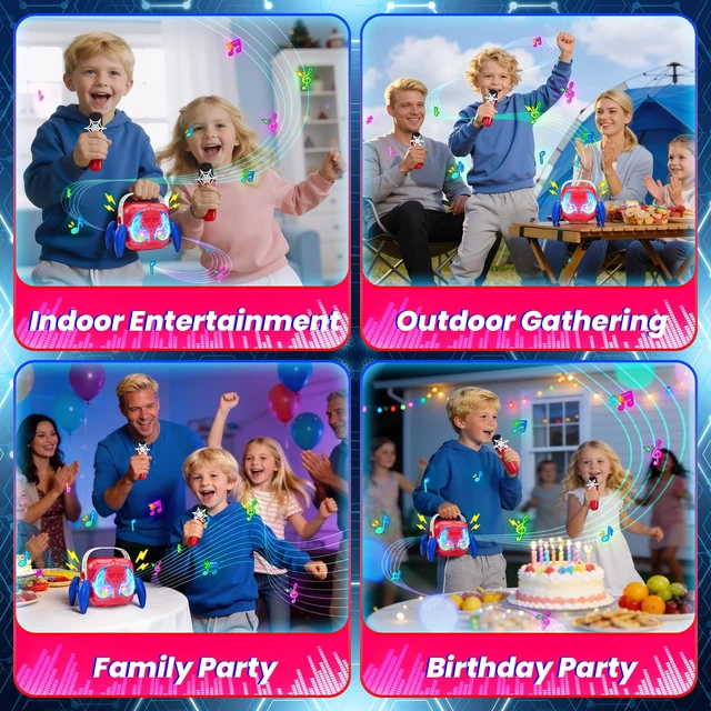 Alt view image 4 of 4 - Karaoke Machine for Kids, Red & Blue Glowing Eyes & Rhythm Light Boys Toys | 5 Magic Voice, 2 Wireless Mini Microphone, Portable Bluetooth Speaker, Boys Gifts Age 3 4 5 6 7 8 9 10 11 12