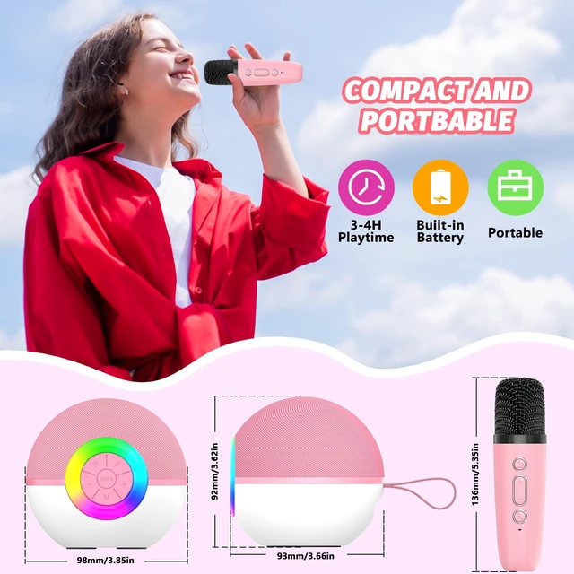 Alt view image 7 of 7 - Mini Karaoke Machine for Kids Adults,Portable Bluetooth Speaker with 2 Wireless Microphones,Gift Toys with MP3 Player for Boys Girls 3-12 Year Old Birthday Family Home Party Present (Pink)