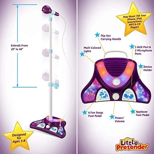 Alt view image 5 of 7 - Kids Karaoke Machine, 2 Mics, Adjustable Stand & Lights | AUX Port for Music Sing-Along, Stage Pedals for Fun Sound Effects