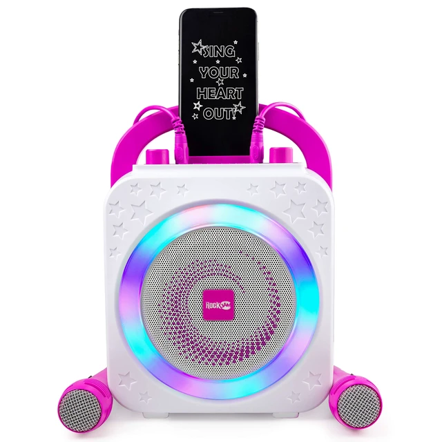 Alt view image 2 of 7 - 10-Watt Rechargeable Bluetooth Karaoke Machine with Two Mics, Lightshow & Voice Effects