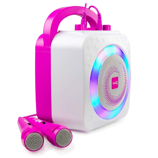 Alt view image 3 of 7 - 10-Watt Rechargeable Bluetooth Karaoke Machine with Two Mics, Lightshow & Voice Effects