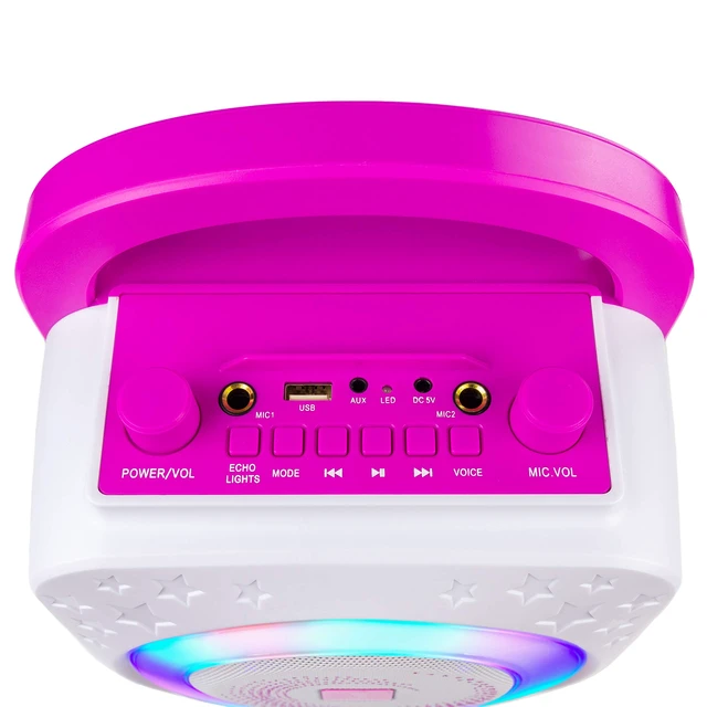 Alt view image 4 of 7 - 10-Watt Rechargeable Bluetooth Karaoke Machine with Two Mics, Lightshow & Voice Effects