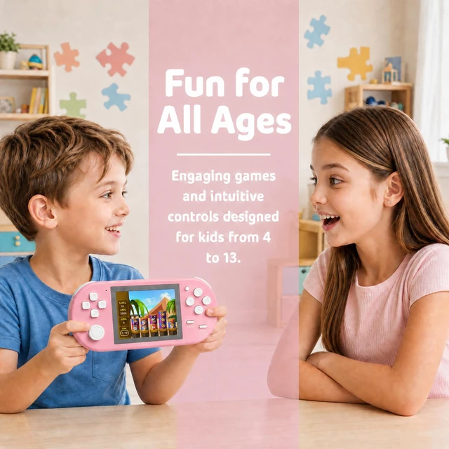 Alt view image 2 of 7 - Handheld Game for Kids, 16-Bit - 3 Inch HD Screen 300-in-1 Retro Games - Portable Classic Video Game Player for Boys Girls, Include Protective Carrying Case (Pink)