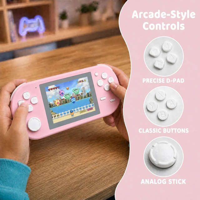 Alt view image 3 of 7 - Handheld Game for Kids, 16-Bit - 3 Inch HD Screen 300-in-1 Retro Games - Portable Classic Video Game Player for Boys Girls, Include Protective Carrying Case (Pink)