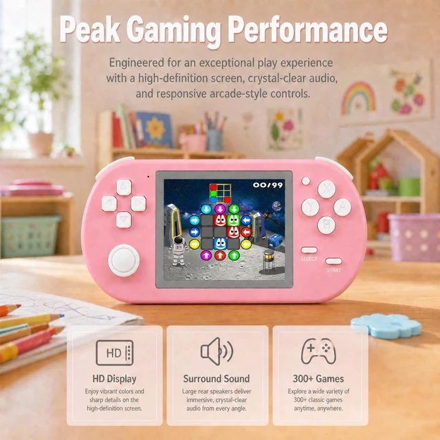 Alt view image 4 of 7 - Handheld Game for Kids, 16-Bit - 3 Inch HD Screen 300-in-1 Retro Games - Portable Classic Video Game Player for Boys Girls, Include Protective Carrying Case (Pink)