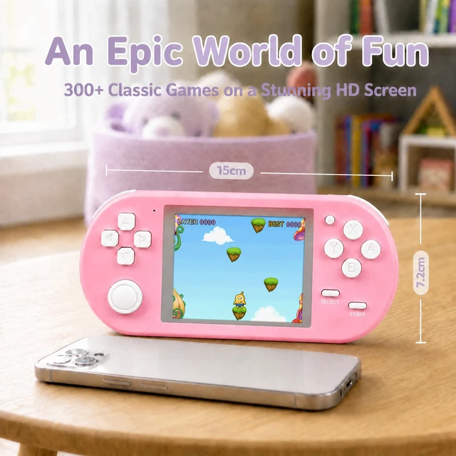 Alt view image 5 of 7 - Handheld Game for Kids, 16-Bit - 3 Inch HD Screen 300-in-1 Retro Games - Portable Classic Video Game Player for Boys Girls, Include Protective Carrying Case (Pink)