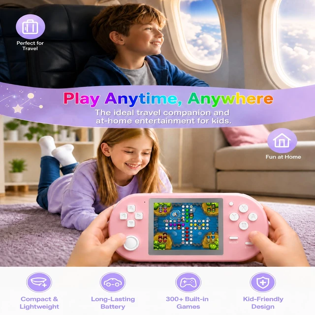 Alt view image 6 of 7 - Handheld Game for Kids, 16-Bit - 3 Inch HD Screen 300-in-1 Retro Games - Portable Classic Video Game Player for Boys Girls, Include Protective Carrying Case (Pink)