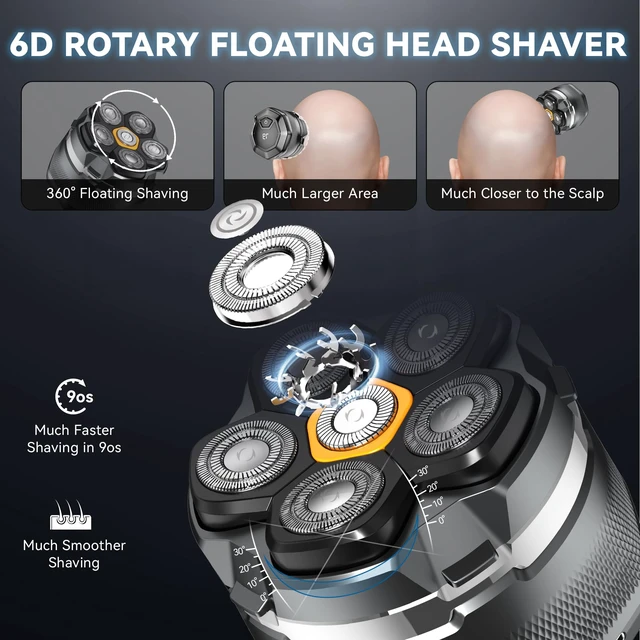 Alt view image 3 of 7 - Head Shaver for Bald Men: 10,000RPM Shaver with 6D Magnetic Floating Heads | IPX8 Waterproof Wet/Dry Shaving, LED Display, EVA Travel Case & Magnetic Head Design