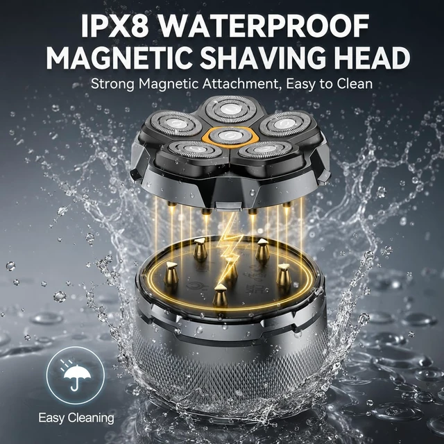 Alt view image 4 of 7 - Head Shaver for Bald Men: 10,000RPM Shaver with 6D Magnetic Floating Heads | IPX8 Waterproof Wet/Dry Shaving, LED Display, EVA Travel Case & Magnetic Head Design