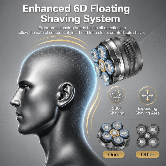 Alt view image 5 of 7 - Head Shaver for Bald Men: 10,000RPM Shaver with 6D Magnetic Floating Heads | IPX8 Waterproof Wet/Dry Shaving, LED Display, EVA Travel Case & Magnetic Head Design