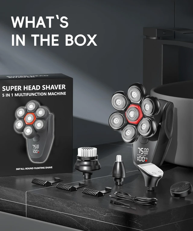 Alt view image 2 of 7 - Head Shavers for Bald Men, 5-in-1 Men's Grooming Kit, IPX8 Waterproof Wet/Dry, Electric 7D Rotary Head Shaver,Frost Black