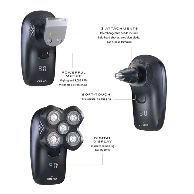 Alt view image 3 of 7 - Bald Head Shaver for Men, 3-in-1 USB-C Cordless Electric Rotary Razor | Wet/dry scalp, face & neck grooming. IPX5 waterproof, USB-C rechargeable, digital display, travel lock. Head shaver.