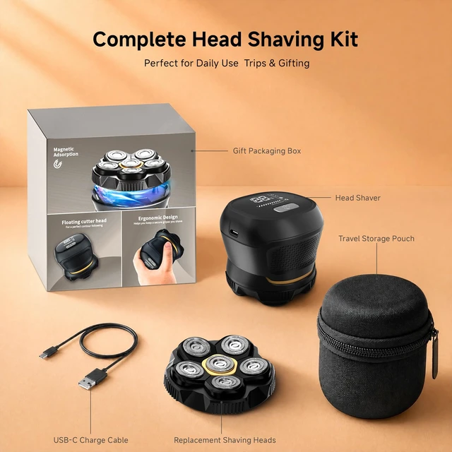 Alt view image 2 of 7 - Head Shavers for Bald Men: 6D Magnetic Cordless Mens Head Razor | 120 Min Runtime Electric Head Shavers, LED Display, Waterproof Wet/Dry, USB-C Rechargeable, Travel Case and Replacement Head