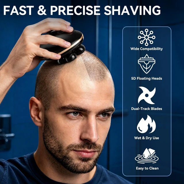 Alt view image 2 of 7 - 3 PCS Head Shaver Replacement Heads for Bald Grooming + 1 Cleaning Brush | 5-Blade,Mens Head Shaver Refills,Electric Razor Replacement for Smooth Shaving