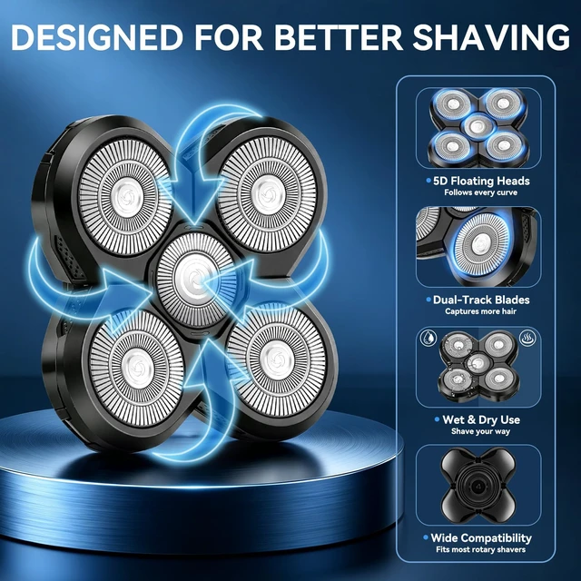 Alt view image 7 of 7 - 3 PCS Head Shaver Replacement Heads for Bald Grooming + 1 Cleaning Brush | 5-Blade,Mens Head Shaver Refills,Electric Razor Replacement for Smooth Shaving