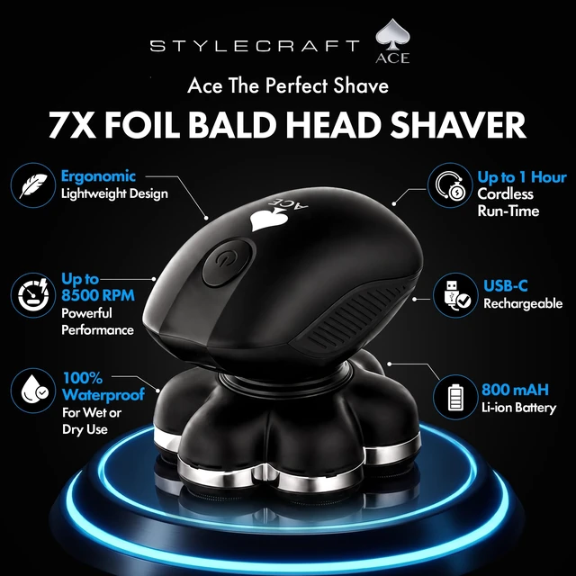 Alt view image 2 of 7 - Ace 7X Rotary Bald Head Shavers for Men, Up to 8500 RPM Motor | Cordless, Ultra-Close Foil Shave, USB Rechargeable, IPX7 Waterproof Wet & Dry, LCD Display