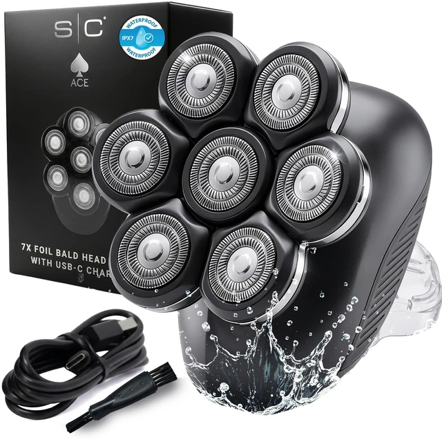 Main image of Ace 7X Rotary Bald Head Shavers for Men, Up to 8500 RPM Motor | Cordless, Ultra-Close Foil Shave, USB Rechargeable, IPX7 Waterproof Wet & Dry, LCD Display
