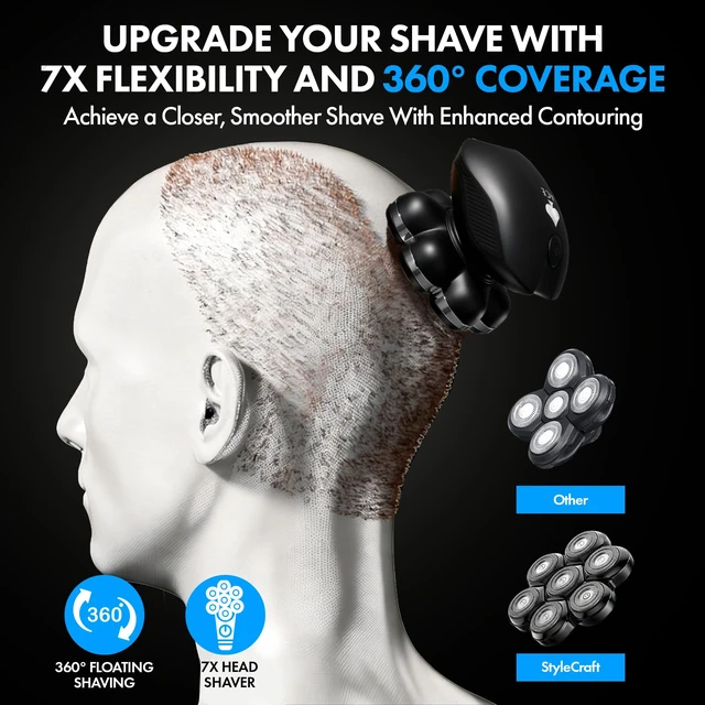 Alt view image 5 of 7 - Ace 7X Rotary Bald Head Shavers for Men, Up to 8500 RPM Motor | Cordless, Ultra-Close Foil Shave, USB Rechargeable, IPX7 Waterproof Wet & Dry, LCD Display