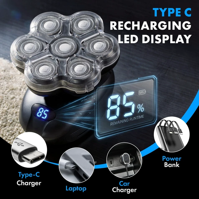 Alt view image 6 of 7 - Ace 7X Rotary Bald Head Shavers for Men, Up to 8500 RPM Motor | Cordless, Ultra-Close Foil Shave, USB Rechargeable, IPX7 Waterproof Wet & Dry, LCD Display